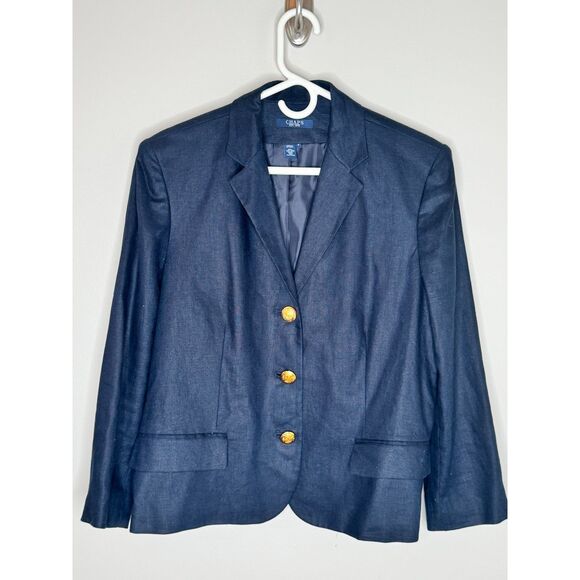 Chaps Navy Linen Blazer Gold Crest Nautical Academia Buttons Preppy Size 14 - Picture 2 of 8